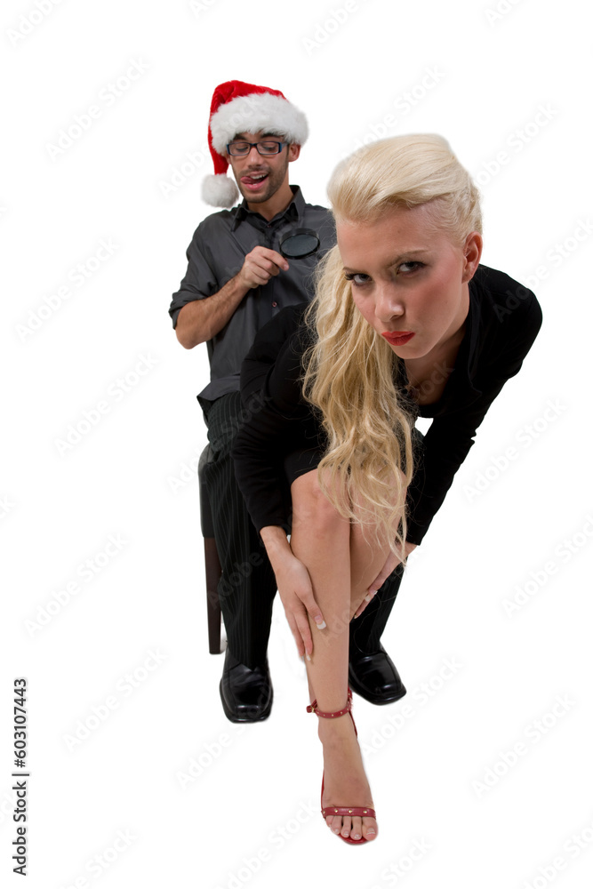 Poster man looking towards lady with magnifier on isolated background