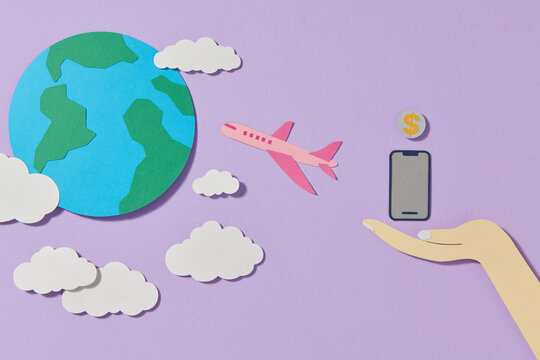 travel planet paper cut on purple pastel background