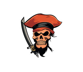 Vector illustration of a cartoon skull with a cap and a dagger.