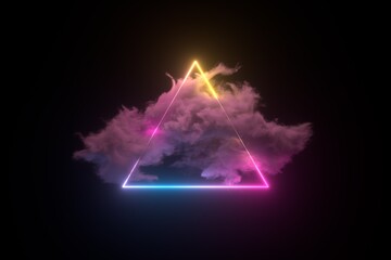 Abstract minimal pink blue neon triangle frame into clouds.