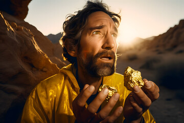 Gold digger traveler found a treasure trove of gold nuggets shining brightly in a cave. The man smiles happily and looks at the precious metal. Generative AI.