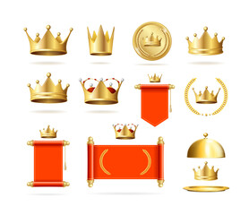 Realistic Detailed 3d Gold Royal Symbol Crown Set Isolated on a White Background. Vector illustration of Crowns
