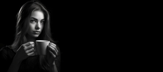Black and white photorealistic studio portrait of an attractive lady drinking coffee on black background. Generative AI illustration