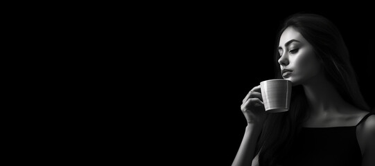 Black and white photorealistic studio portrait of an attractive lady drinking coffee on black background. Generative AI illustration