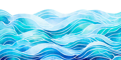 Fototapety  Transparent ocean water wave copy space for text.  Isolated blue, teal, turquoise happy cartoon wave for pool party or ocean beach travel. Web banner, backdrop, background png graphic.