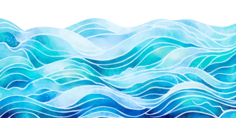 Gordijnen Transparent ocean water wave copy space for text.  Isolated blue, teal, turquoise happy cartoon wave for pool party or ocean beach travel. Web banner, backdrop, background png graphic. © Vita