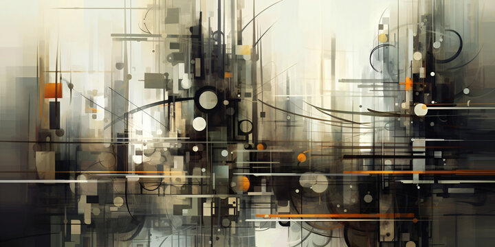 Futuristic city's dark abstract art features high-angle shots of fragmented, organic, and mechanized forms with muted tones and inkblots.
