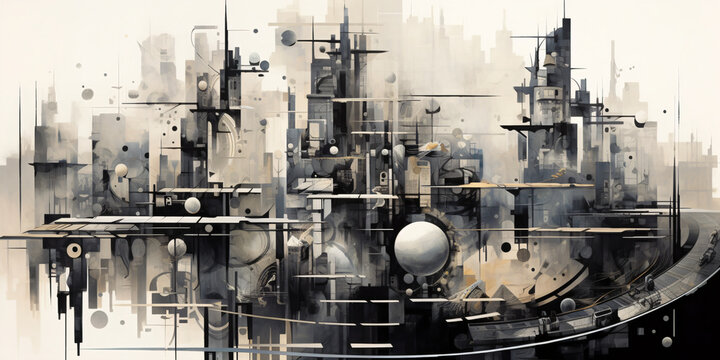 Futuristic city's dark abstract art features high-angle shots of fragmented, organic, and mechanized forms with muted tones and inkblots.