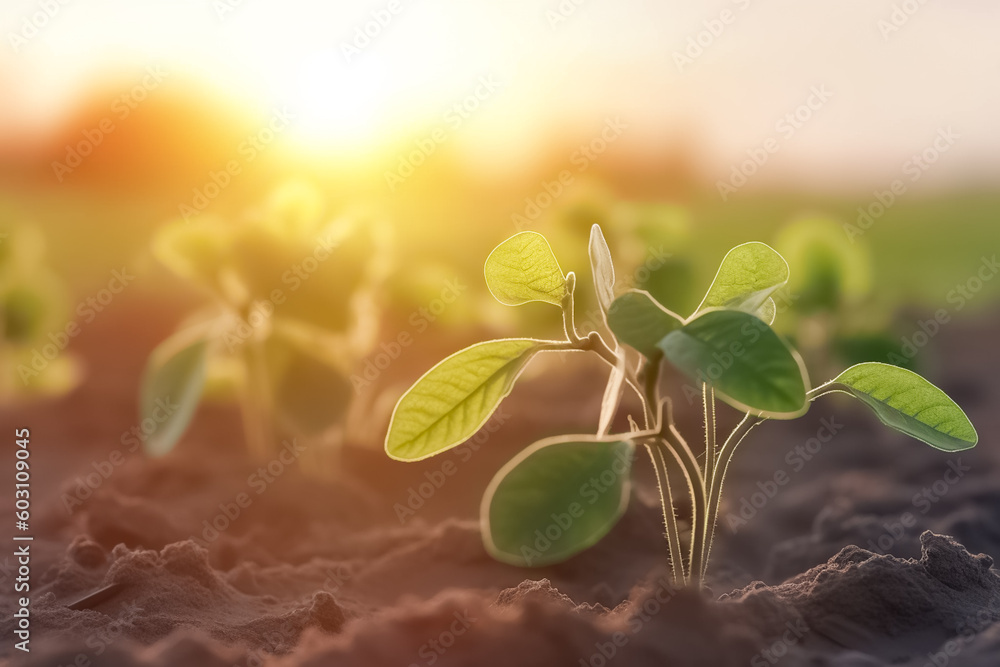 Wall mural young sprouts of soybeans are flooded with sunlight in spring. soybean plants growing on a farm.