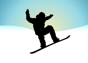 Silhouette of a snowboarder over abstract mountains background