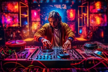 Obraz na płótnie Canvas A DJ mixing music on a vintage DJ setup, complete with turntables, mixers, and colorful disco lights, capturing the energetic atmosphere of eighties parties. Generative AI