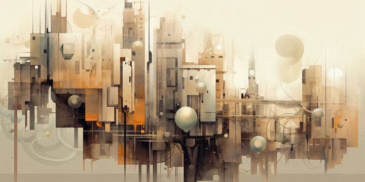 Futuristic city's dark abstract art features high-angle shots of fragmented, organic, and mechanized forms with muted tones and inkblots.