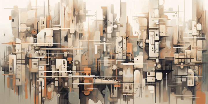 Futuristic city's dark abstract art features high-angle shots of fragmented, organic, and mechanized forms with muted tones and inkblots.