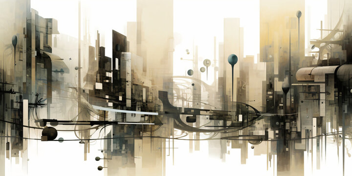 Futuristic city's dark abstract art features high-angle shots of fragmented, organic, and mechanized forms with muted tones and inkblots.