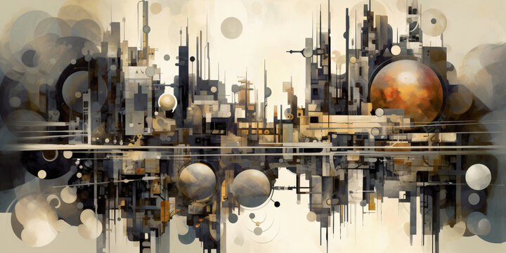 Futuristic city's dark abstract art features high-angle shots of fragmented, organic, and mechanized forms with muted tones and inkblots.