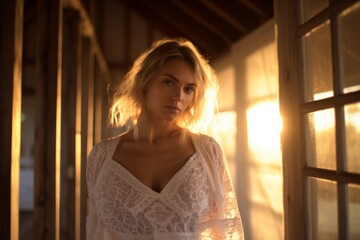 A stunningly beautiful blond woman, with white sheer lace nightgown standing in a wooden chalet. Generative AI - obrazy, fototapety, plakaty