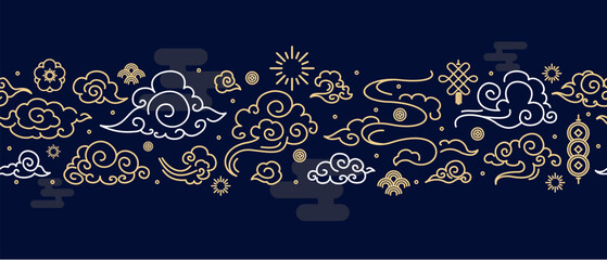 Asia Clouds Signs Thin Line Pattern on a Blue Chinese Style. Vector illustration of Oriental Decoration for Web and App Design