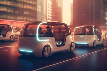 Futuristic self-driving van moving on a highway in a Modern City with Skyscrapers. Beautiful Female and Senior Man are Having a Conversation in a Driverless Autonomous Vehicle. Generative AI