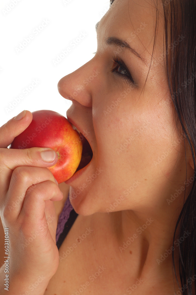 Poster attractive woman with apple on white background