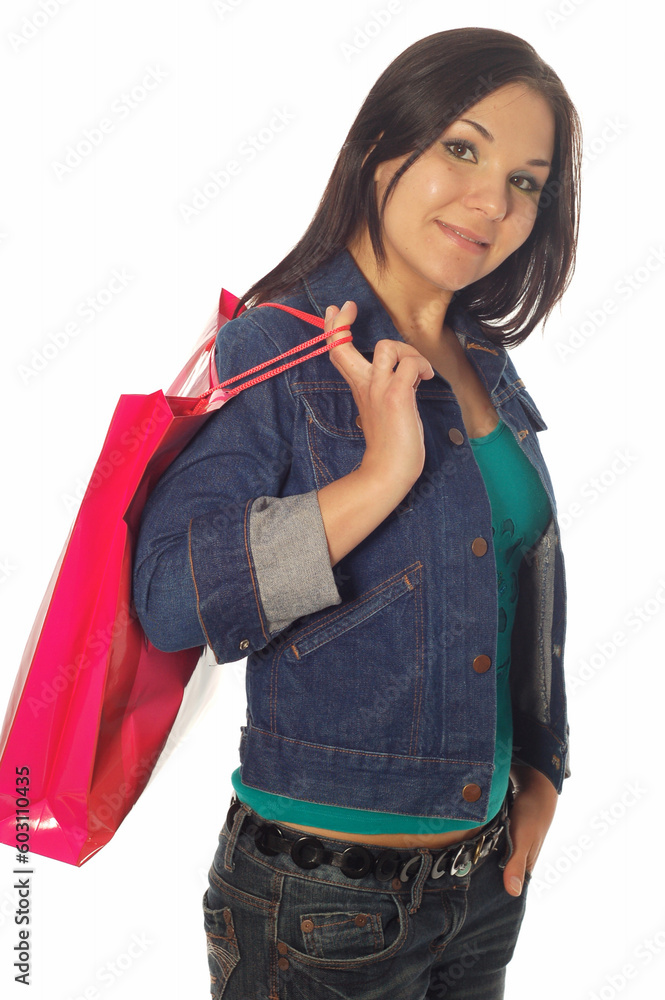 Poster attractive brunette woman with shopping bags