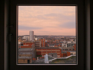 Fototapeta na wymiar View of downtown Redding, UK outside the window