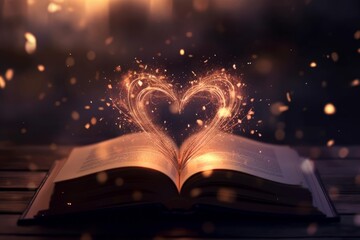 A dreamy image of an open book with glowing hearts radiating from its pages, evoking a sense of enchantment and magic. Generative AI