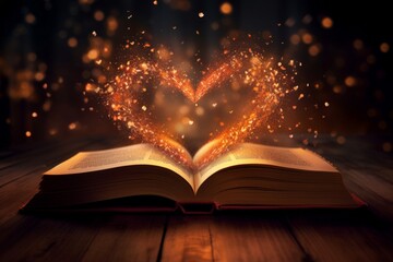 A dreamy image of an open book with glowing hearts radiating from its pages, evoking a sense of enchantment and magic. Generative AI