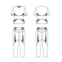 Womens sport set technical CAD mockup, fashion illustration t-shirt and three quarter pants template, front and back view.