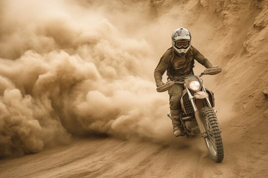 Off-Road Motorbike In Dust Cloud With Sand Cloud On Background. Biker Rider In Action. Generative AI