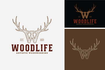 Initial Letter W Wooden Wildlife, Wood Texture Handcraft with Buck Stag Mule Deer Reindeer Elk Antler for Artistic Woodwork Vintage Logo Design