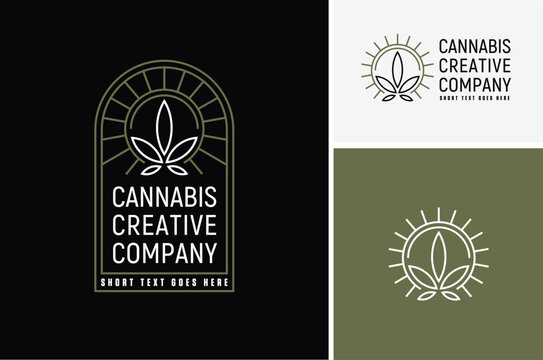 Simple Line Art Marijuana Leaf Icon with Vintage Classic Art Deco for Cannabis Farm Cultivation or CBD Hemp Oil Company Industry logo design