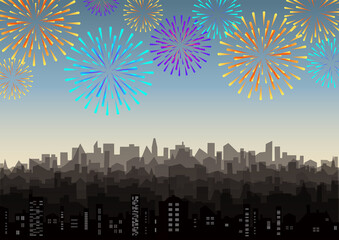 Festive landscape with bright fireworks. Firecrackers over town silhouette jpeg illustration. Urban city skyline, salute