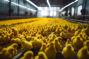 Lot of little chickens in a farm. Generative AI.