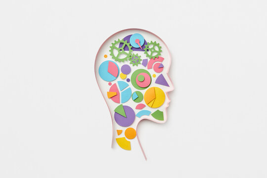 Human head with paper gears and circle charts.