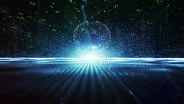 Digital science with human brain and binary code data loop animation.