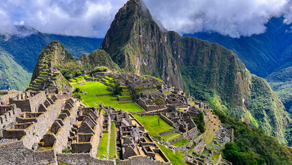 View over Machu Picchu, a 15th-century Inca citadel located in the Peru, South America. One of the Seven Modern Wonders of the World