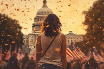 Mujer de espaldas mirando al capitolio con numerosas banderas americanas, ilustracion de IA generativa