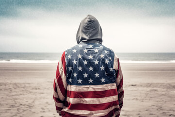 persona de espaldas en la playa, con cazadora vaquera con bandera de estados unidos. ilustracion de IA generativa
