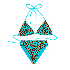 Summer beach swimsuit. Blue swimsuit wiyh leopard ornament.