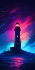 A digital art of a lighthouse in synthwave style with a foghorn in the fog. Bioluminescence glows in the dark with a cosmic background. - obrazy, fototapety, plakaty