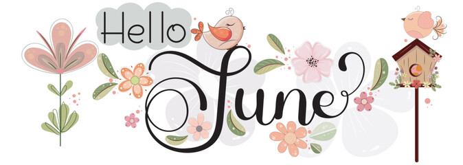 Hello June. JUNE month vector with flowers, birds and leaves. Decoration floral. Illustration month June © Luchelle