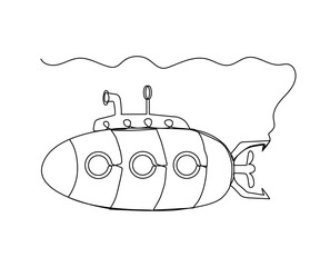 Continuous one line drawing of submarine under water. Simple vector illustration