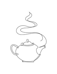 Continuous one line drawing of a hot teapot with a smoke. Simple vector illustration