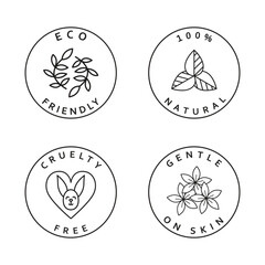 Set of simple icons. Eco friendly, natural, cruelty free and gentle on skin icons. Natural organic stickers set. 