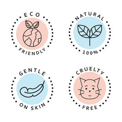 Set of simple icons. Eco friendly, natural, cruelty free and gentle on skin icons. Natural organic stickers set. 