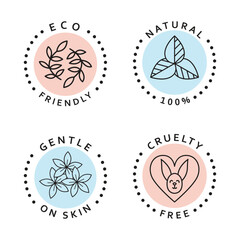 Set of simple icons. Eco friendly, natural, cruelty free and gentle on skin icons. Natural organic stickers set. 