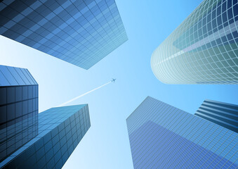 Obraz na płótnie Canvas Vector illustration of Looking up at skyscrapers in the blue city and airplane in the sky