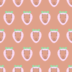 Vector seamless pattern with capybara and strawberries on a brown background. Background with animals for girly textile design, cover, wrapping paper, birthday.