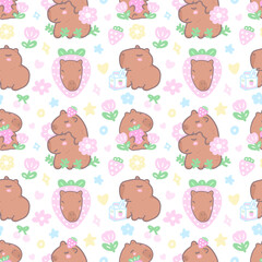 Childish seamless pattern with capybaras, strawberries, flowers. Cute background for textile design, cover, wrapping paper.