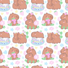 Multicolored seamless pattern with capybaras, doodles, sweets. Background with animals for the design of textiles, covers, wrapping paper, birthday.